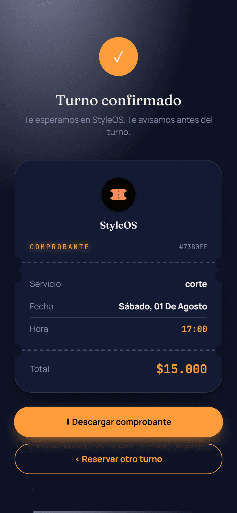 Comprobante de turno confirmado en StyleOS